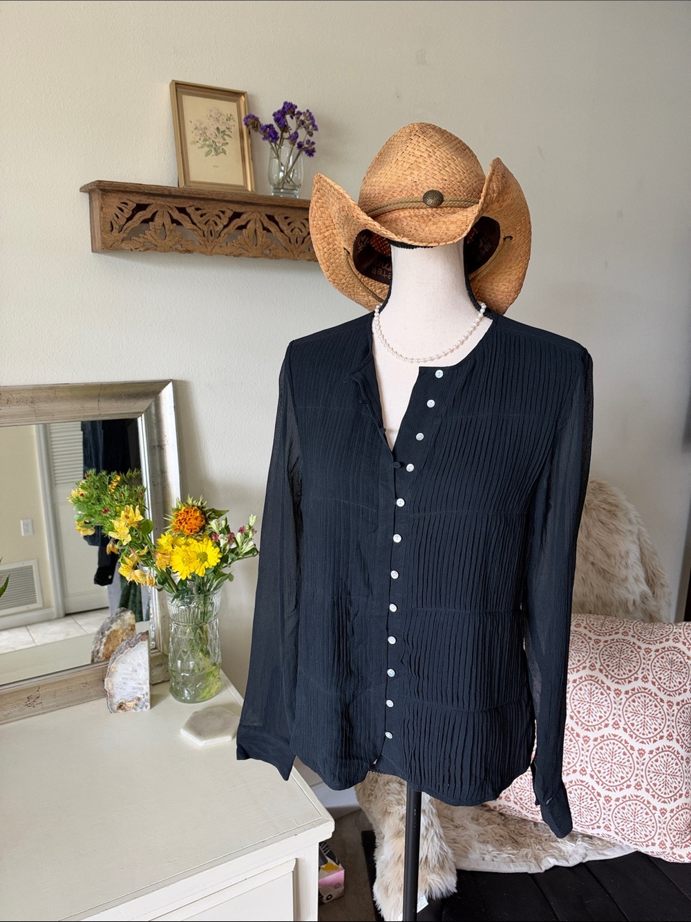 Cottage black Silk shell Button Down shirt blouse sheer long sleeves M L